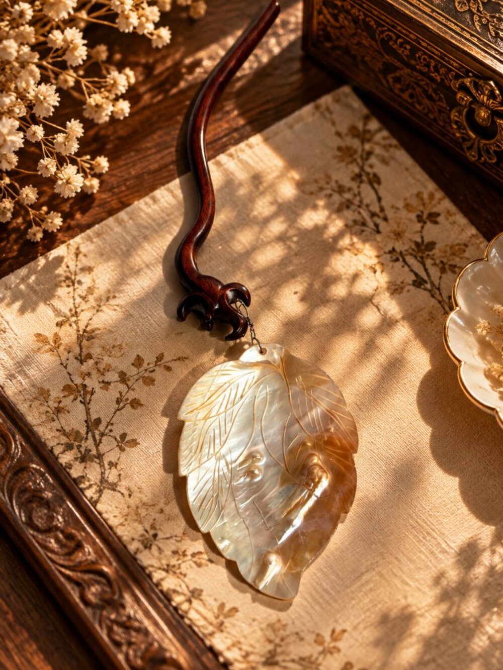 Vintage Carved Mother of Pearl Leaf Ornament with Decorative Wood Handle